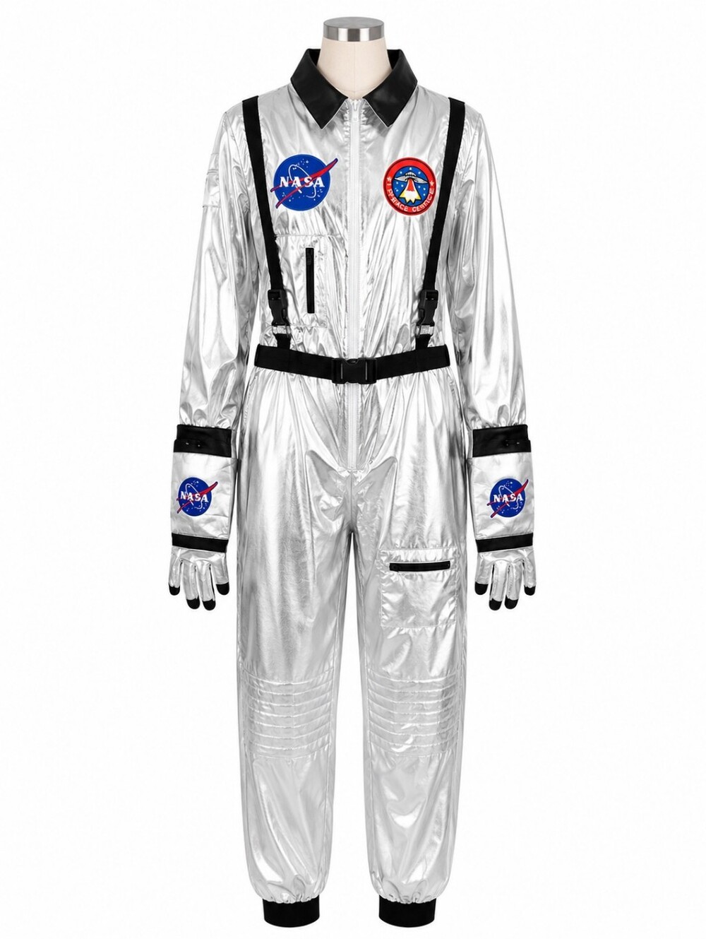 Morph Men's Astronaut Costume L Silver Metallic NASA Jumpsuit Halloween Gloves
